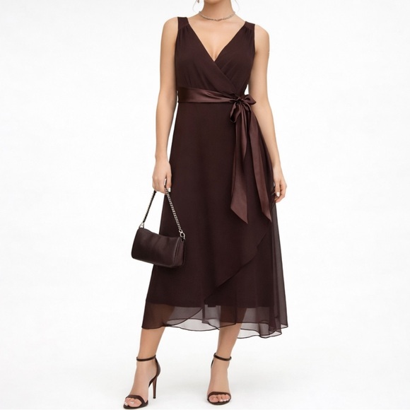 Jones Wear Dresses & Skirts - NWT JONES WEAR Babydoll Brown Chiffon Midi Dress Cocktail Fairy Y2K Formal Sz 14